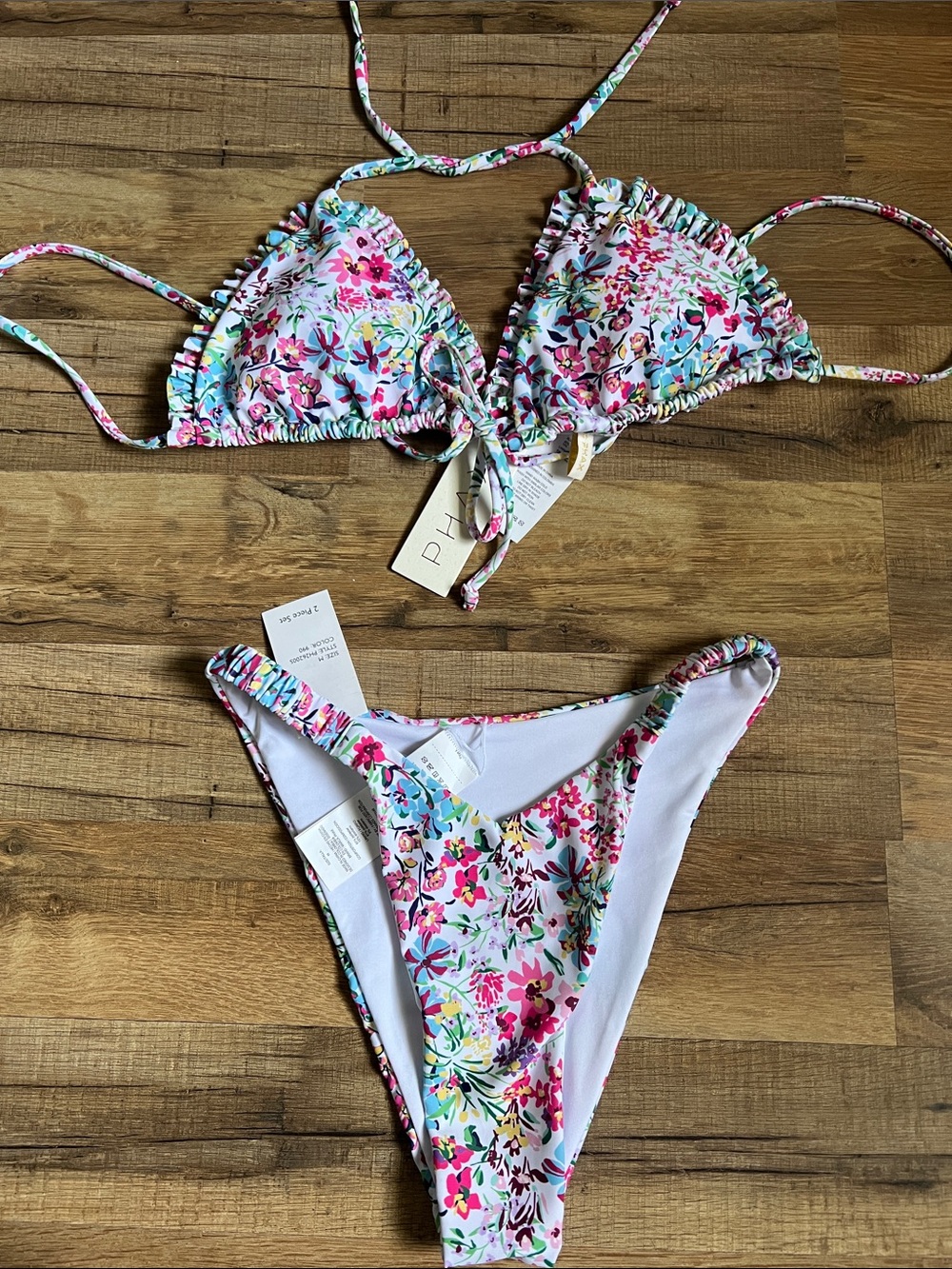 New PHAX ruffle Floral Tie-Back 2pc Bikini Set - White Multi size medium